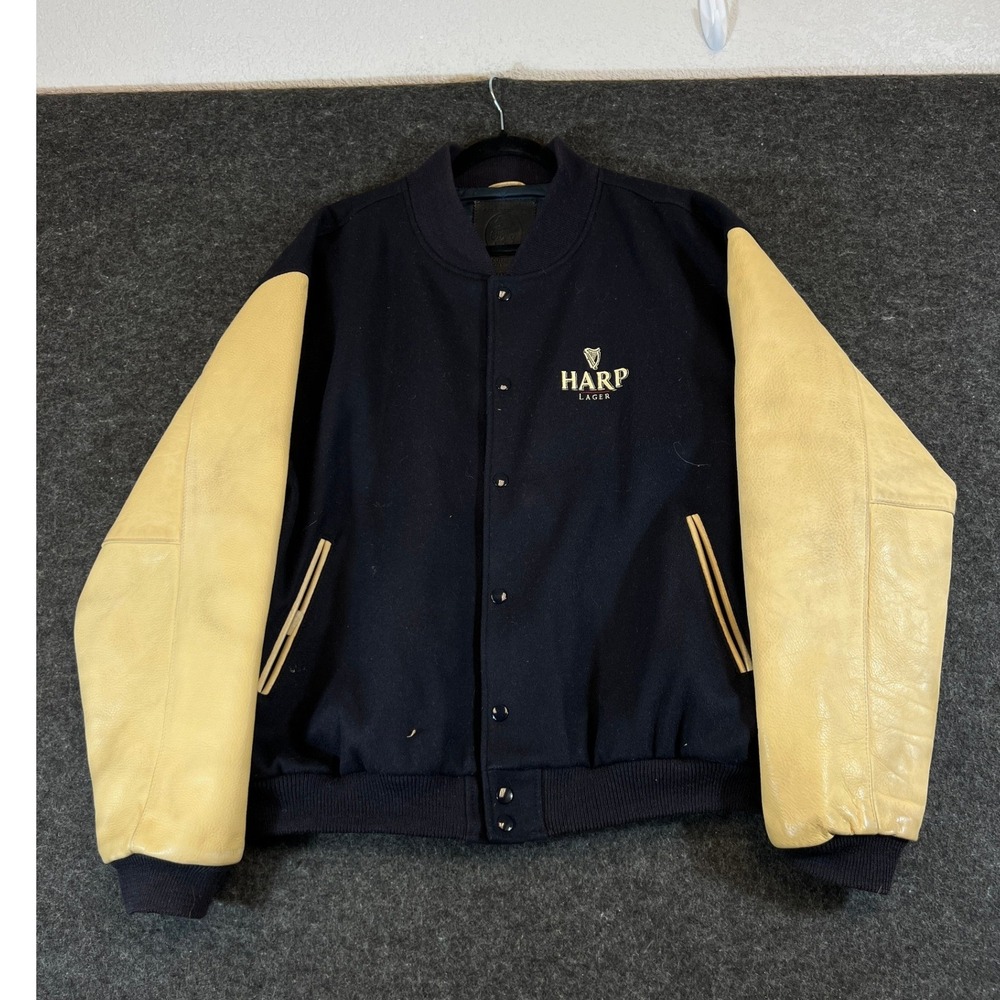 VTG Golden Bear Harp Lager Varsity Jacket Mens XL Navy Wool Cream Leather USA